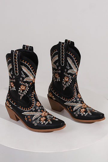 Botines vaqueros de tacón chuncky bordados negros